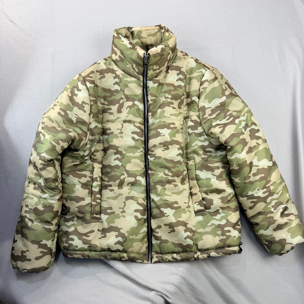 Know One Cares Camo Puffer Jacket Green Camouflage Full Zip Stand Collar Large